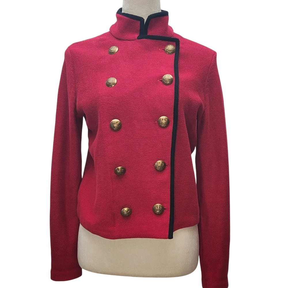Lauren RALPH LAUREN RED Sweater Military BLAZER JACKET Sz M Gold Button Holiday - Picture 1 of 10